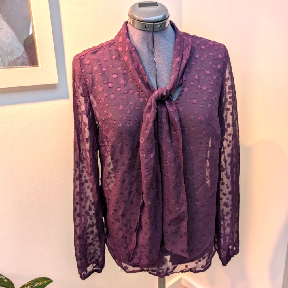 Soho Apparel LTD medium polka dot sheer long sleeve blouse grape wine purple